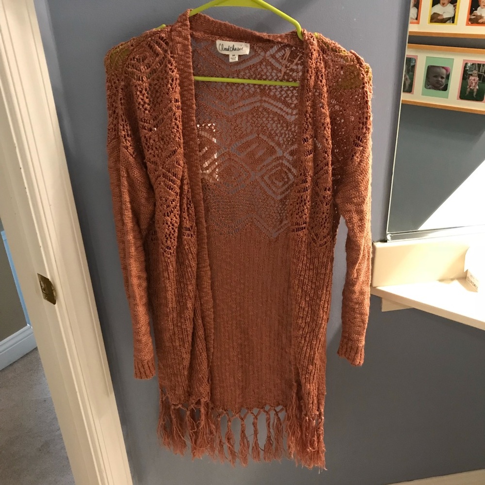 Boho coral fringe summer cardigan free people